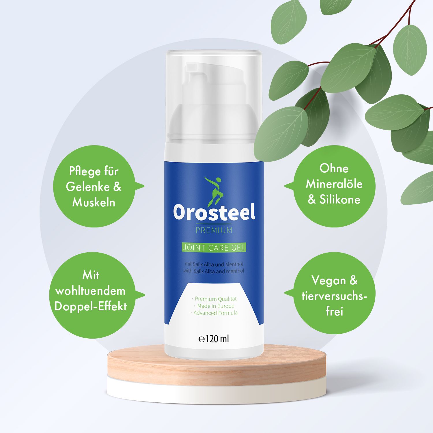 Weiße Flasche "Orosteel Premium Joint Care Gel" auf Holzsockel. Grüne Sprechblasen mit Text. Ohne Mineralöle & Silikone, vegan.