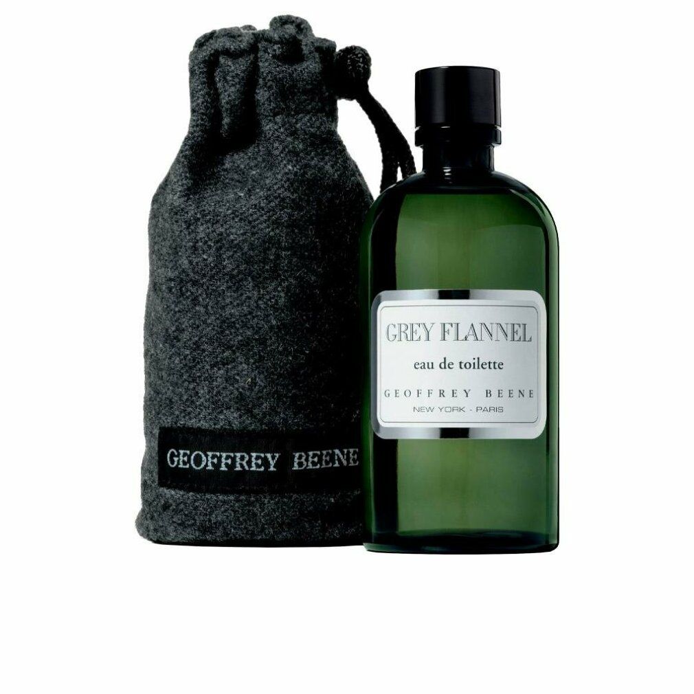 Grauer Flakon mit Etikett "Grey Flannel eau de toilette" und Beutel mit Logo "Geoffrey Beene".
