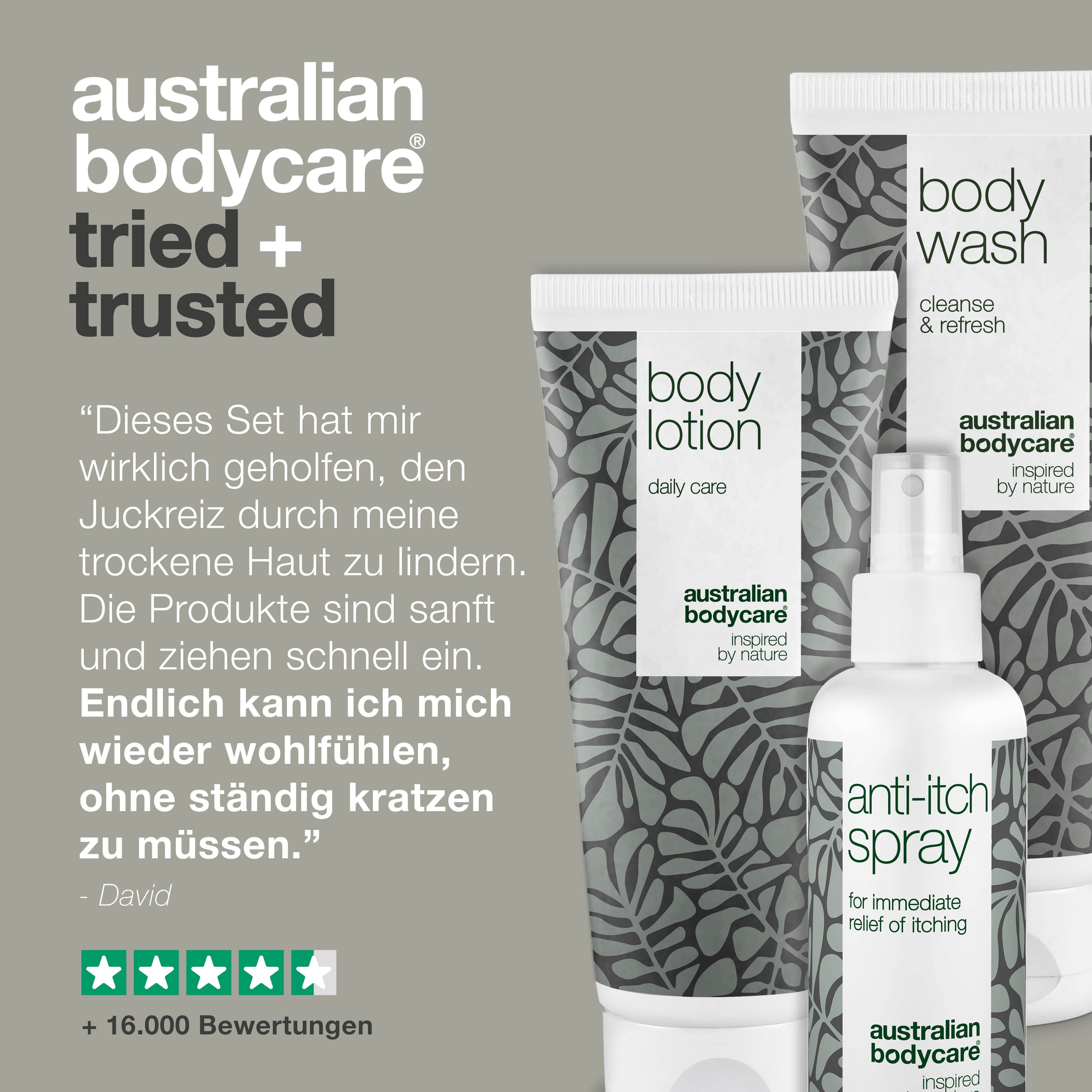 Drei Produkte von Australian Bodycare. Zitat: Dieses Set hat mir wirklich geholfen. Fünf Sterne Bewertung.