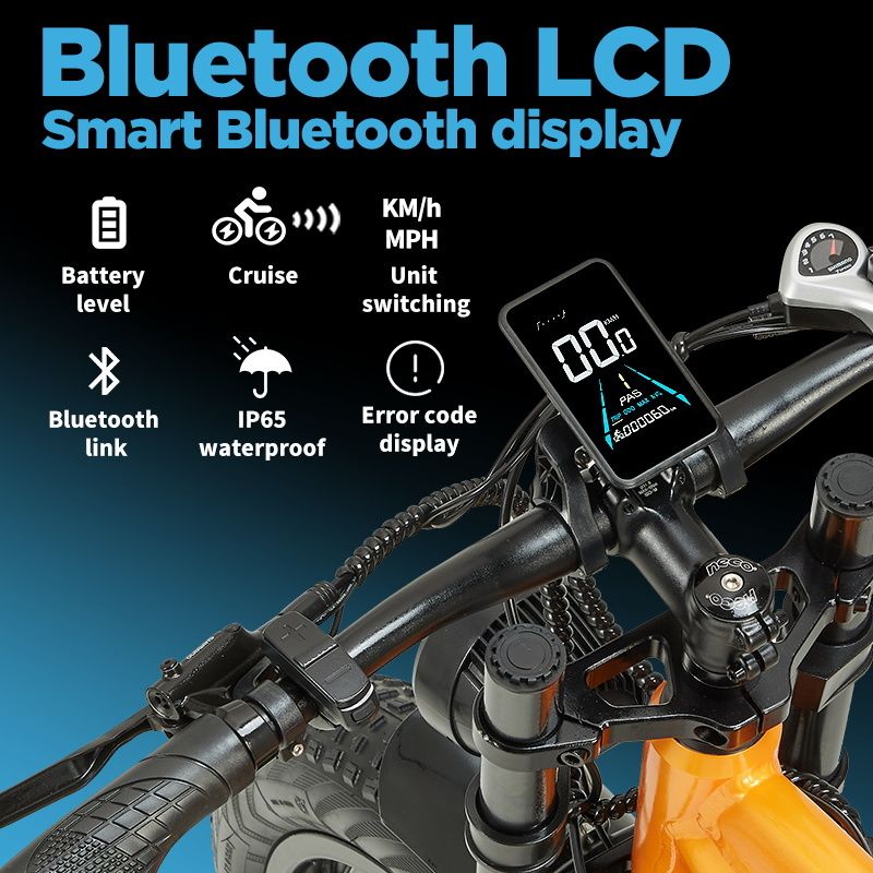 Bluetooth LCD-Display. Zeigt Batteriestand, Cruise, KM/h, MPH, Bluetooth-Verbindung, IP65-Wasserdichtigkeit und Fehlercode.