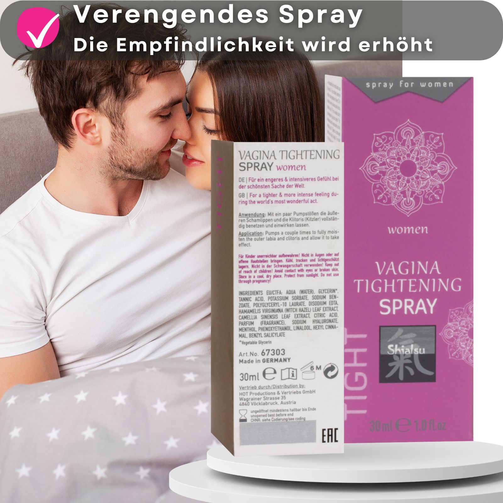 Goldene Sprühflasche und Text. Text: Vagina Tightening Spray. Marke: Shiatsu. Paar im Hintergrund.