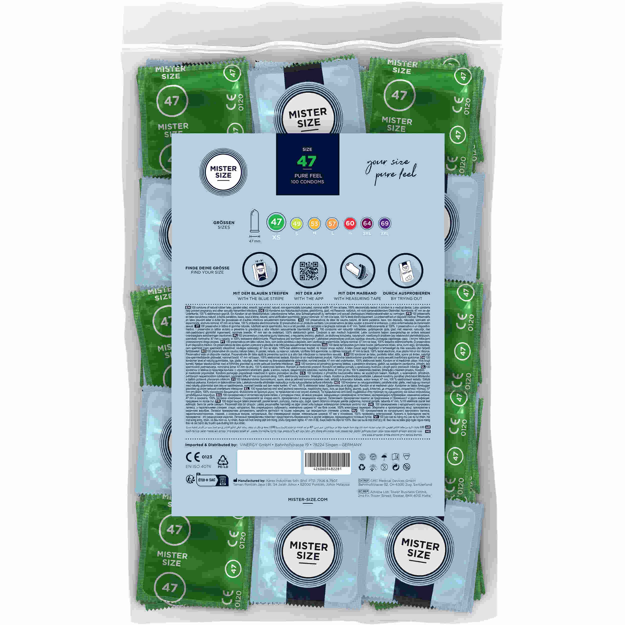 Verpackung mit Kondomen. Einzelne Kondome in Grün und Blau. Aufdruck: Mister Size 47.