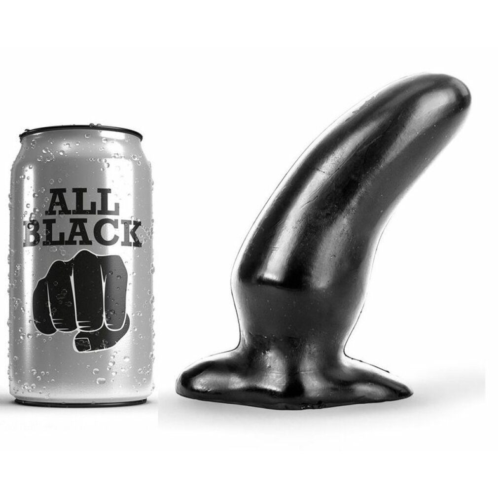 Schwarzer Dildo neben einer Dose mit "ALL BLACK" Aufdruck.