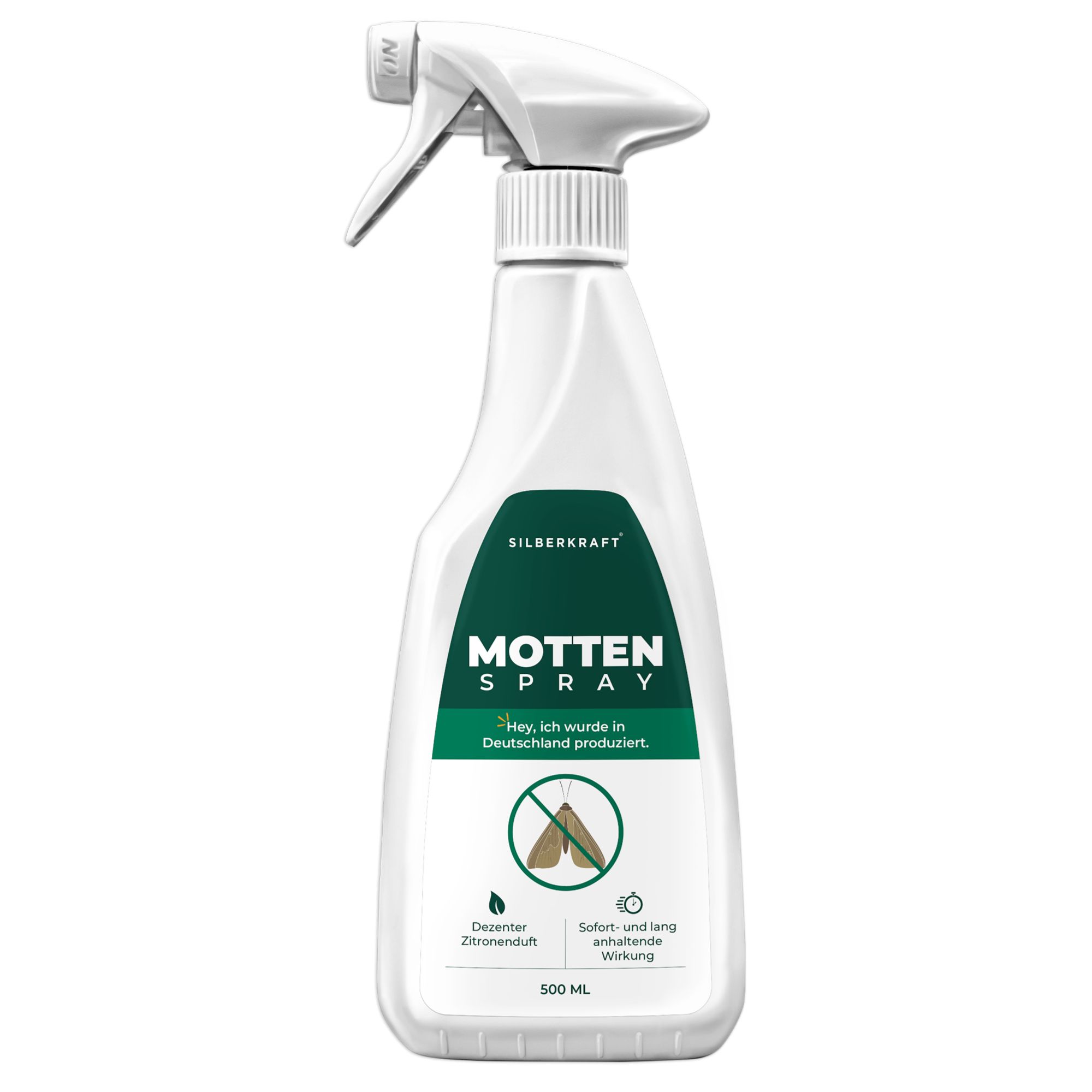 Weiße Sprühflasche mit Etikett: SILBERKRAFT MOTTE SPRAY, 500 ml, Made in Germany.
