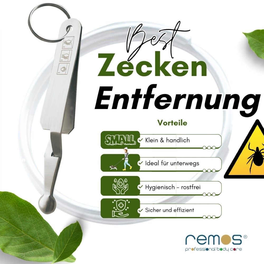 Zeckenpinzette in Löffelform mit Text: Best Zecken Entfernung. Vorteile: Klein, ideal für unterwegs, hygienisch, sicher. Marke: remos.