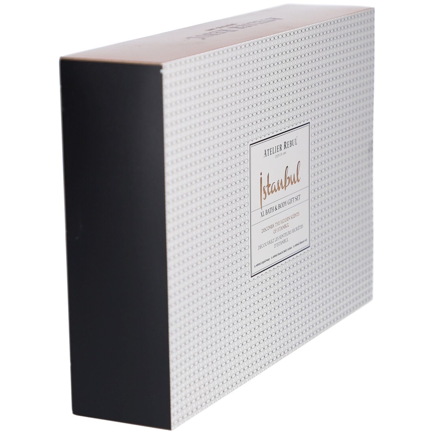 Geschenkbox Atelier Rebul Istanbul XL Bath & Body. Weißes Muster, goldfarbener Schriftzug. Schwarze Seiten. Ansicht von der Seite.