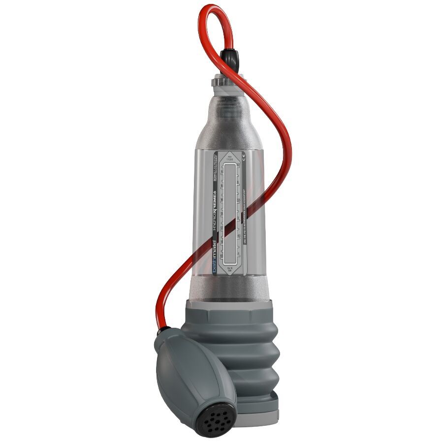Zylindrische Pumpe mit rotem Schlauch und grauem Pumpball. Transparenter Zylinder mit Messskala. Grauer Sockel.