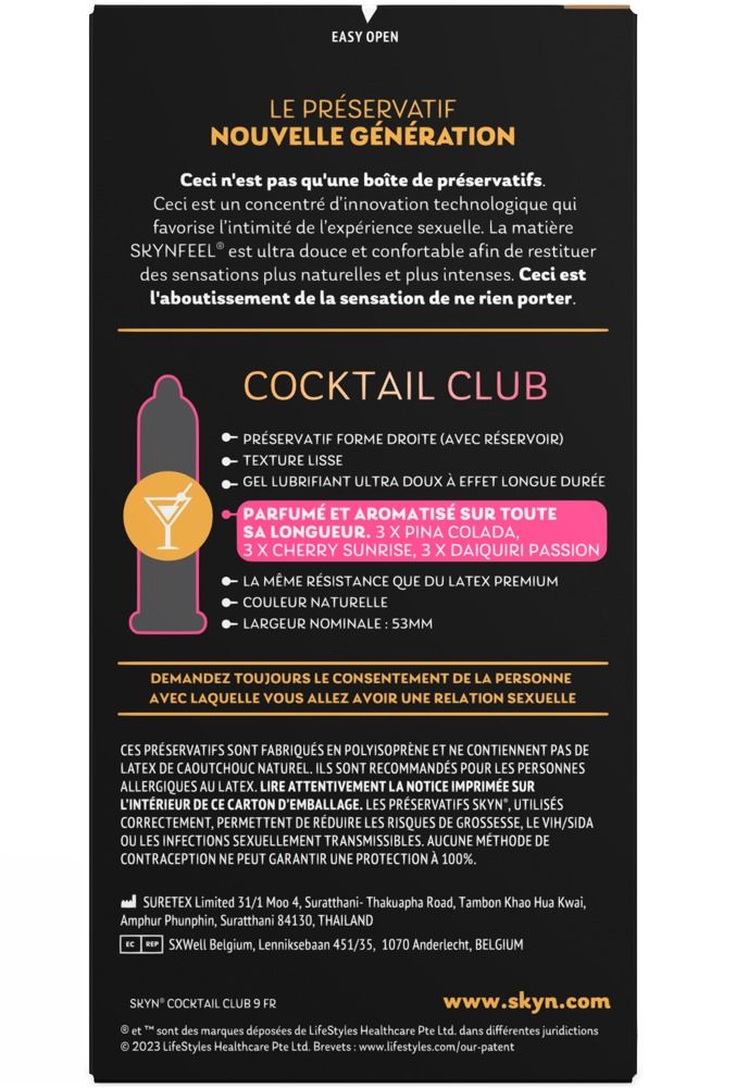 Rückseite der SKYN Cocktail Club-Verpackung. Enthält Informationen zu Inhaltsstoffen, Größe und Duftnoten der Kondome.