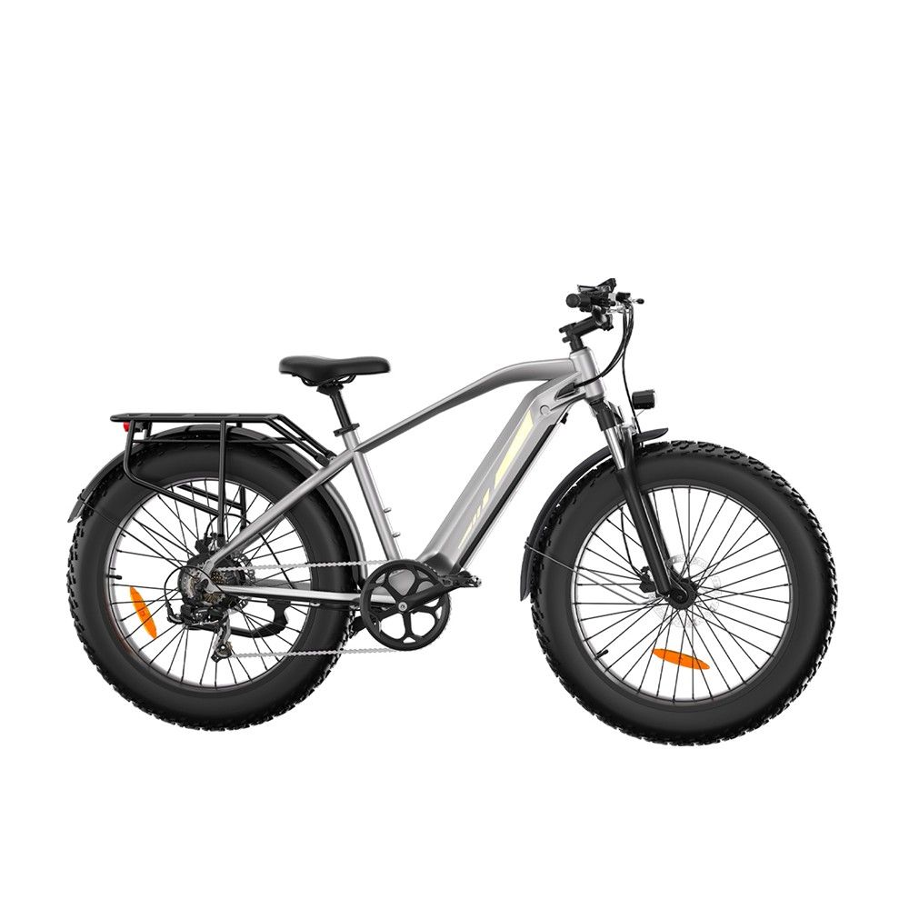 Graues Elektro-Mountainbike mit schwarzen Reifen und Gepäckträger. Seitliche Ansicht, weißer Hintergrund.