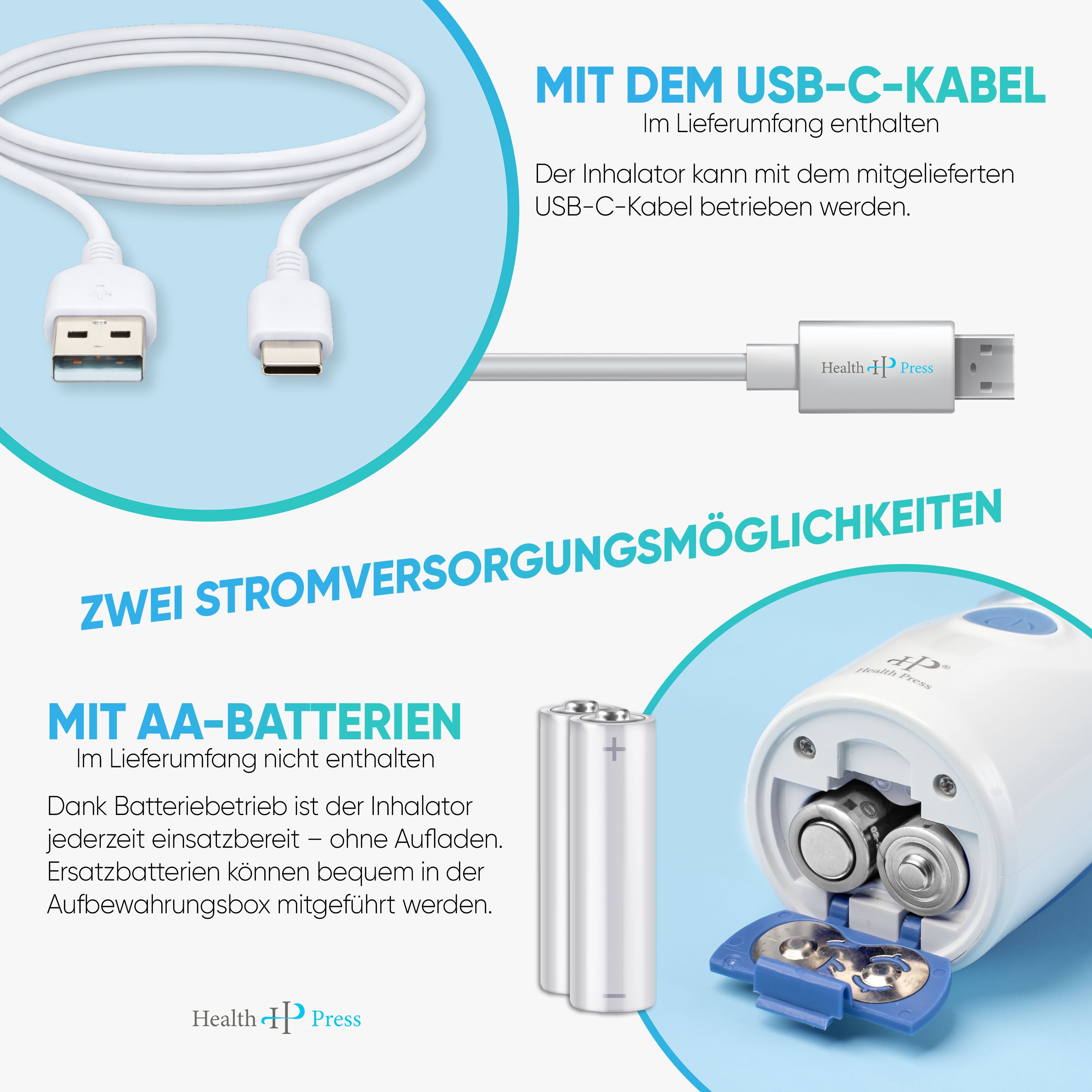 Weißes USB-C-Kabel und Inhalator. Text: Mit dem USB-C-Kabel. Zwei Stromversorgungsmöglichkeiten: AA-Batterien.