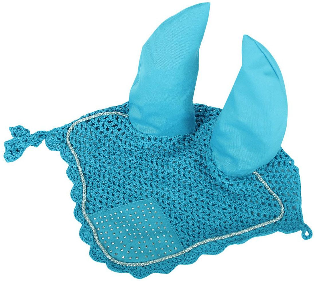 Pferdeohrenschutz mit Strasssteinchen. Gehäkeltes Netz, zwei Ohren, Ziersteinbesatz, silberne Kordel. Farbe: Türkis.