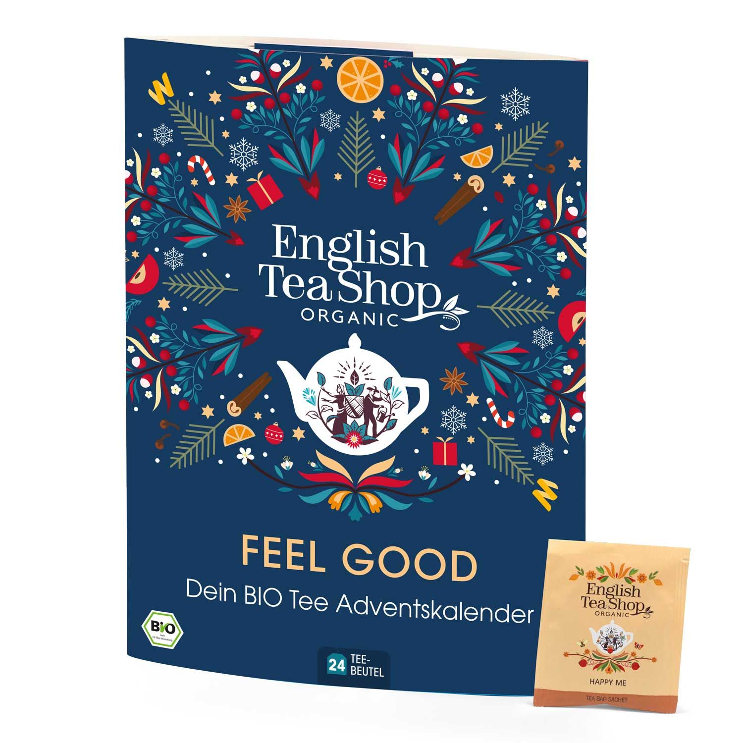 Blauer Adventskalender mit Aufschrift: English Tea Shop Organic, Feel Good. 24 Teebeutel. Bio-Siegel.