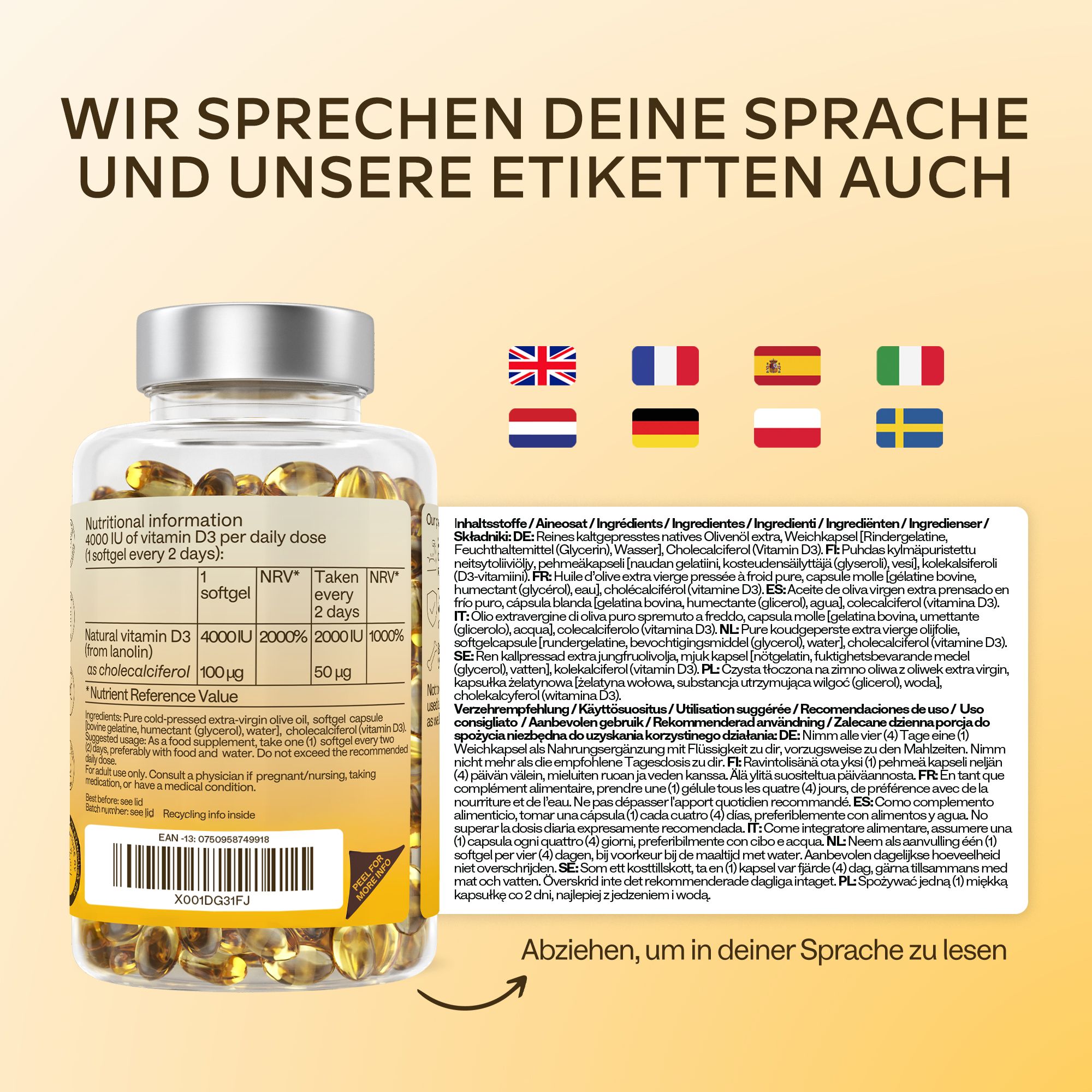 Flasche mit Vitamin D3 und Text. Flaggen: UK, Frankreich, Spanien, Italien. Informationen in verschiedenen Sprachen.