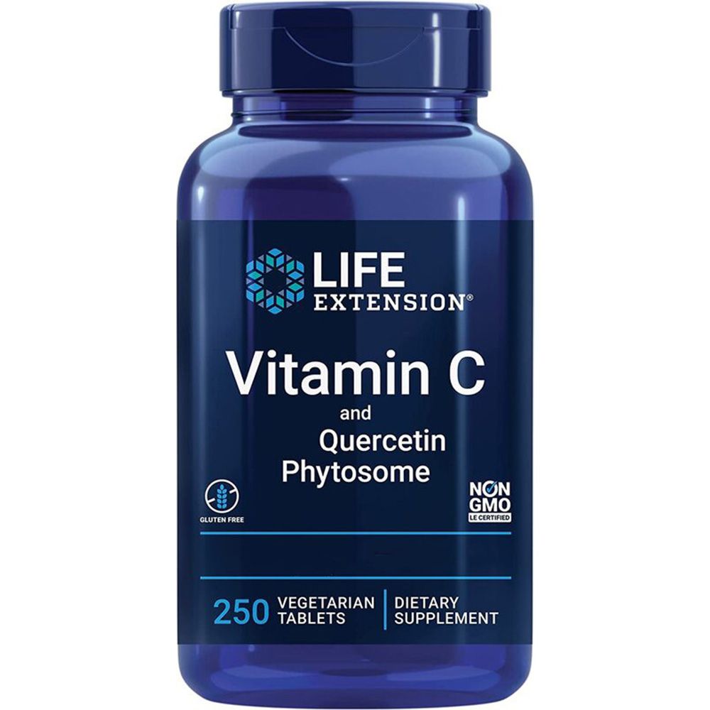 Blaue Flasche mit Vitamin C und Quercetin Phytosome-Tabletten. Enthält 250 vegetarische Tabletten. Glutenfrei und Non-GMO.