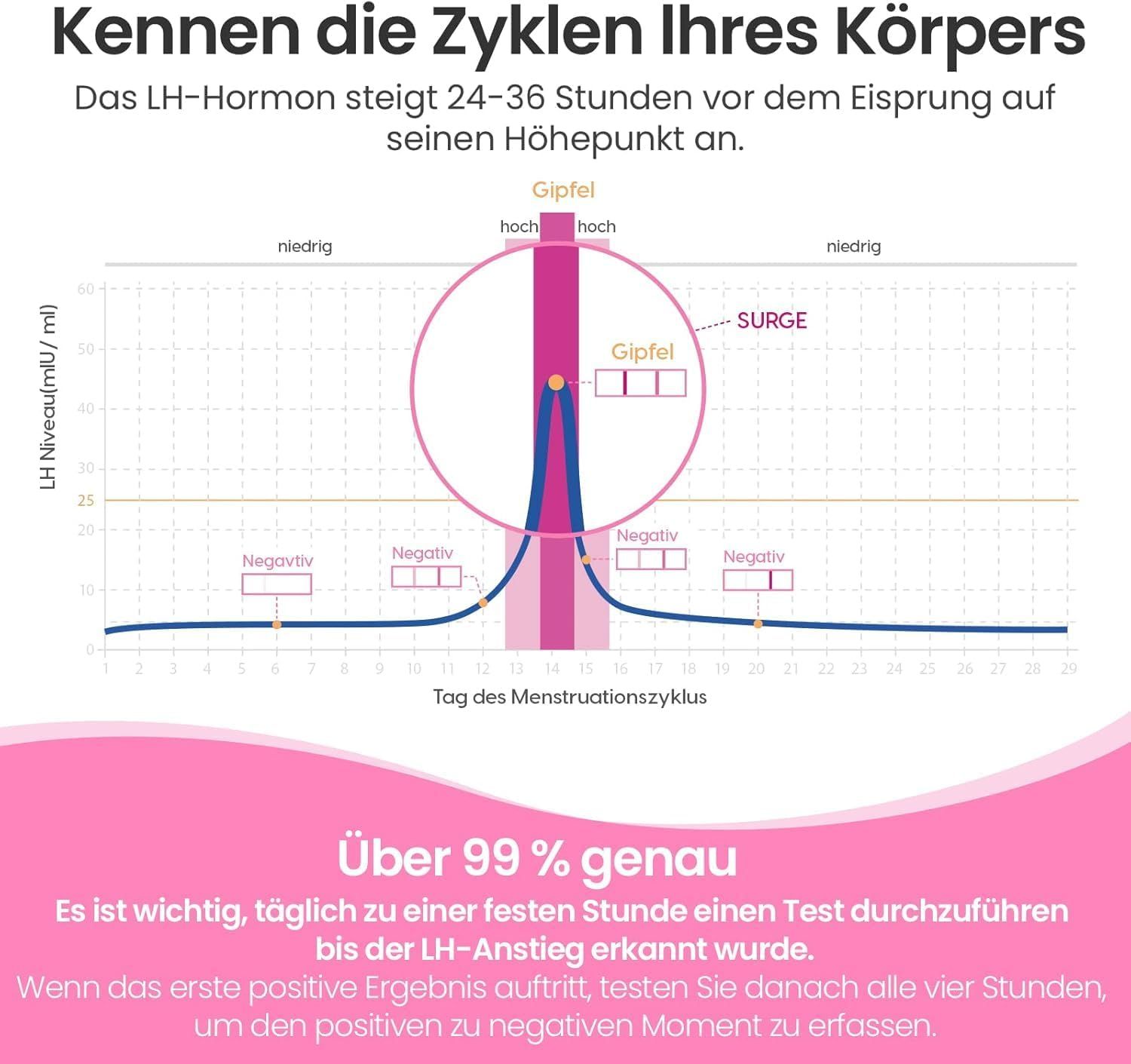 Diagramm des LH-Hormonspiegels im Menstruationszyklus. Zeigt Anstieg und Abfall des Hormons. Text: Über 99% genau.