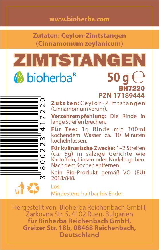 Etikett mit Produktinformationen. Text: Zimtstangen, Bioherba, 50g. Zutaten: Ceylon-Zimtstangen. Barcode und Adresse.