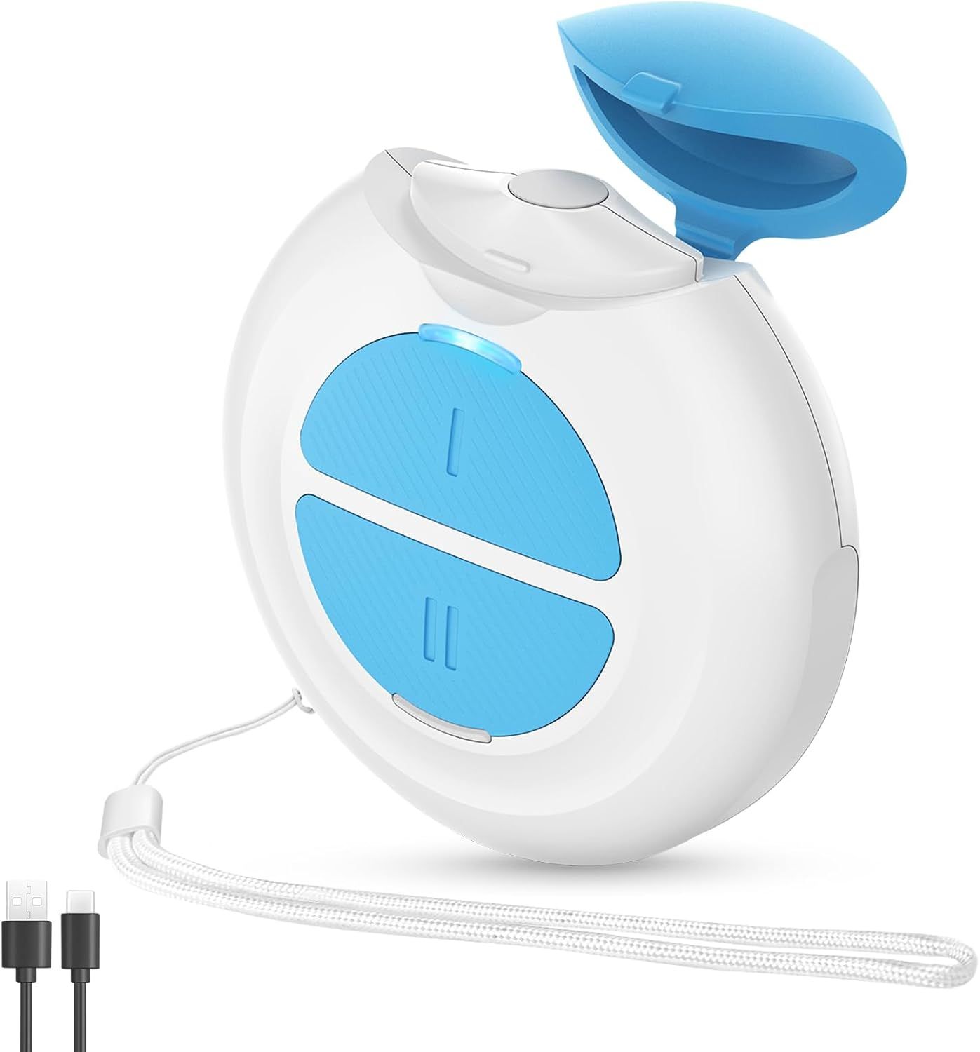 Weißes, ovales Gerät mit blauen Knöpfen und Deckel. USB-Kabel und Handschlaufe. Deckel geöffnet.