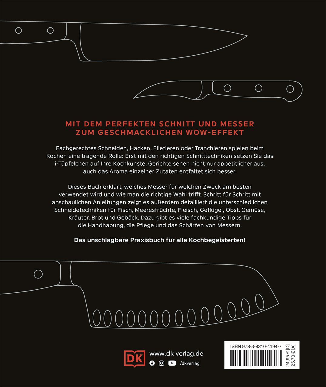 Buchrückseite "Messer". Schwarzer Hintergrund, weiße Messer-Illustrationen. Text und ISBN-Code.