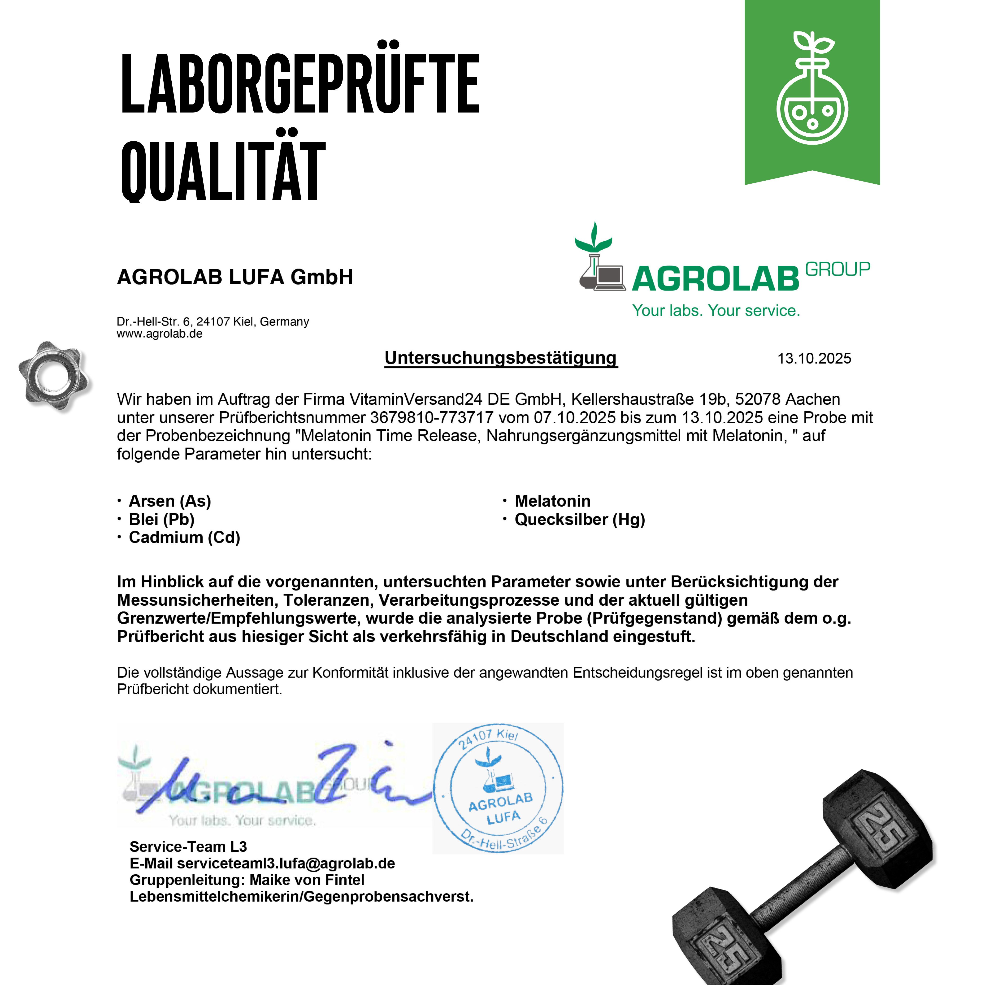 Laborgeprüfte Qualität. Zertifizierungslogo von Agrolab. Text mit Testergebnissen für Melatonin Time Release. Enthält Arsen, Blei, Cadmium, Quecksilber.