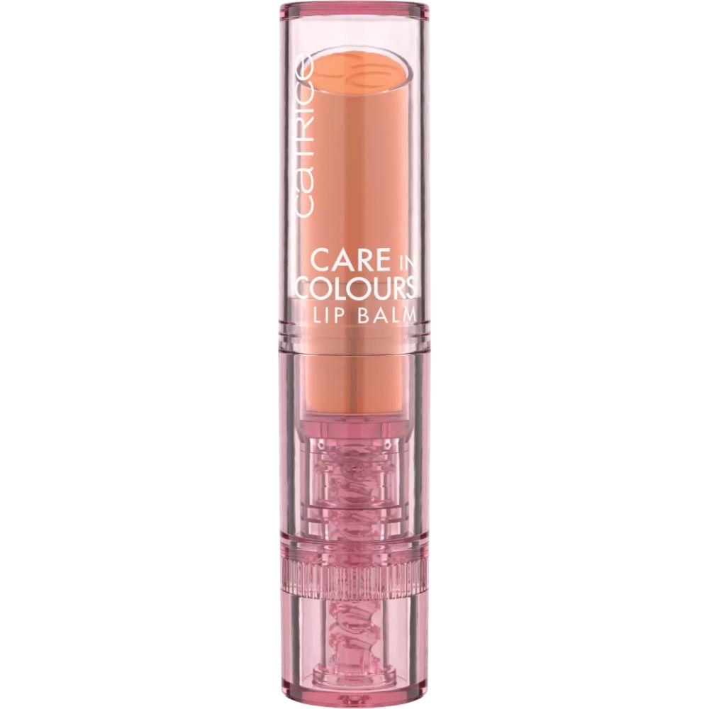 Lippenbalsam in transparenter, rosa Hülle. Aufschrift: CATRICE CARE in COLOURS LIP BALM. Orangefarbener Lippenstift.