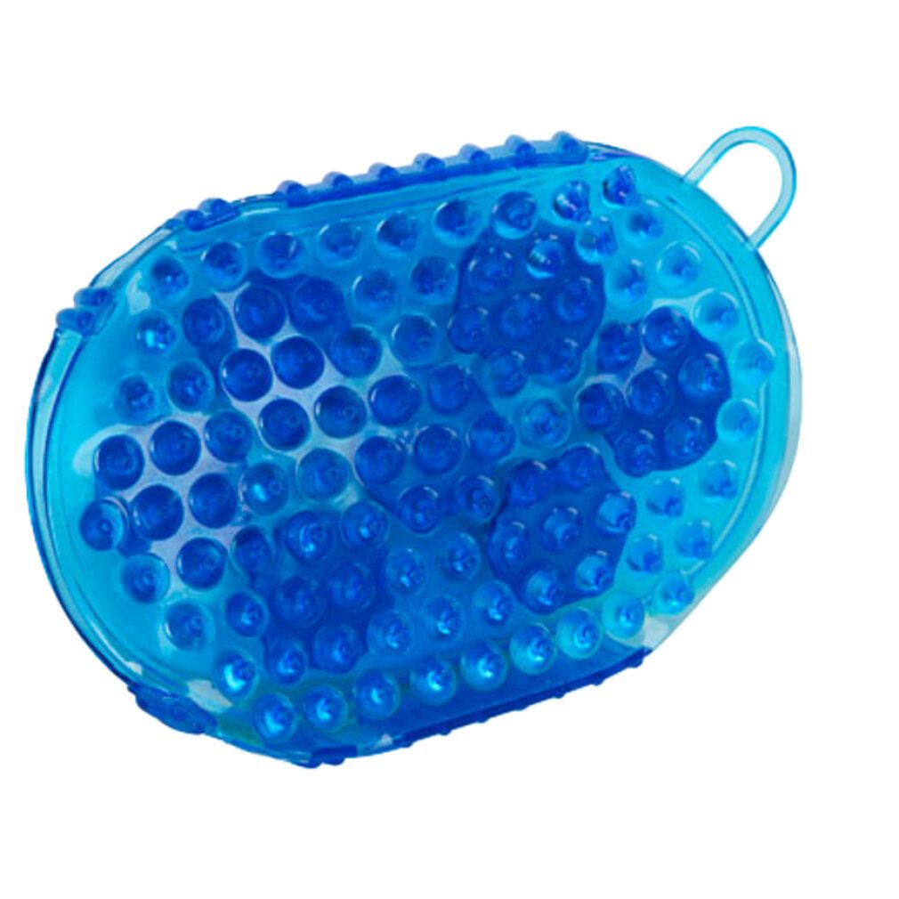 Blaue Massagebürste mit Noppenstruktur. Oval, mit Griffschlaufe. Keine sichtbaren Metallkugeln.
