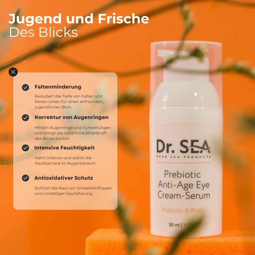 Weiße Flasche mit Dr. SEA, Anti-Aging Augencreme-Serum. Präbiotika & Biotin. Auf orangefarbenem Hintergrund.