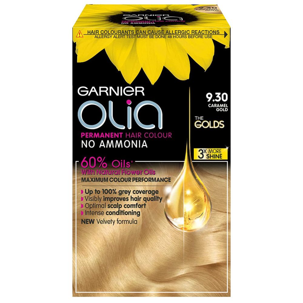 Garnier Olia Haarfarbe. Verpackung mit Produktabbildung und Text: 9.30 Caramel Gold, Permanent, ohne Ammoniak, 60% Öle.