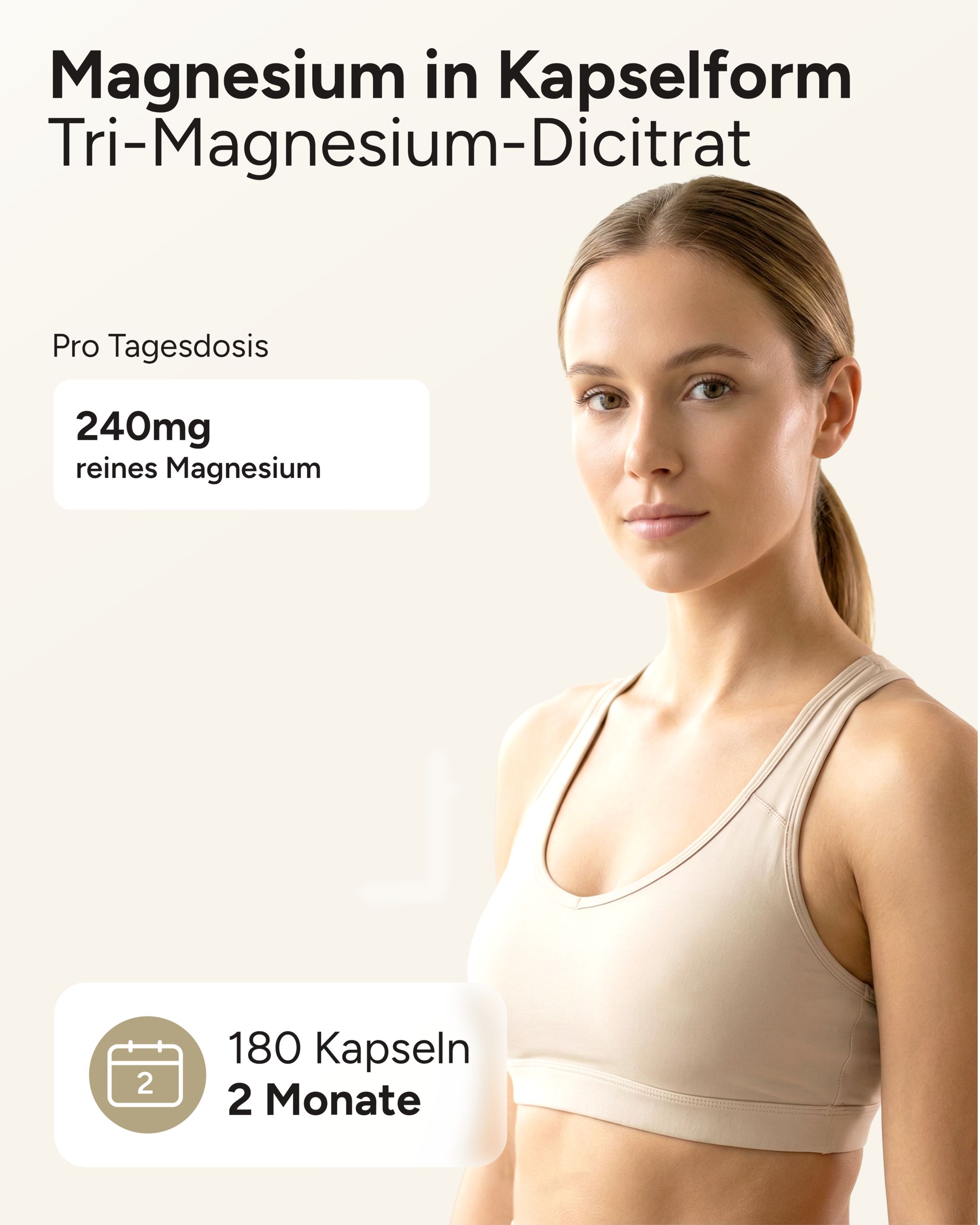 Frau im Sport-BH. Text: Magnesium in Kapselform. 240mg reines Magnesium. 180 Kapseln, 2 Monate.