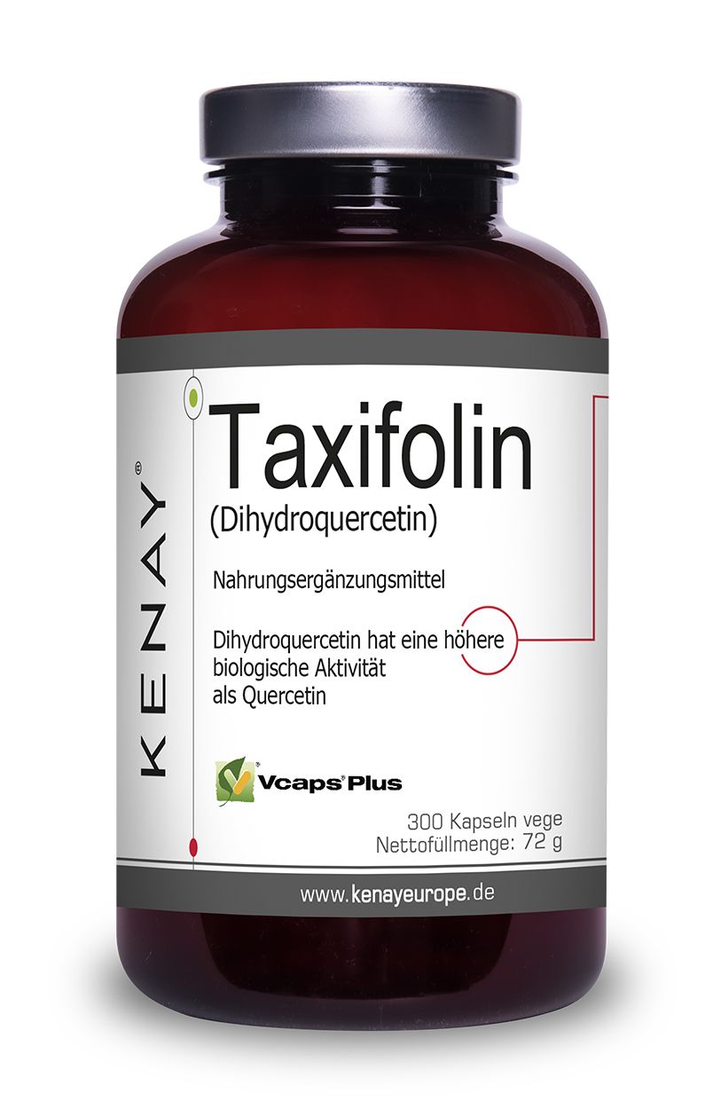 Braune Flasche mit weißem Etikett. Aufschrift: Taxifolin (Dihydroquercetin), Nahrungsergänzungsmittel. 300 Kapseln. Marke: KENAY.