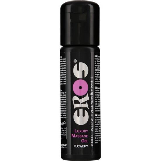 Schwarze Flasche mit "EROS"-Logo und Produktbezeichnung "Luxury Massage Gel Flowery". Enthält Aloe Vera und Vitamin E.