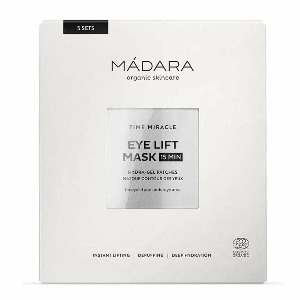 Weiße Verpackung mit Produktnamen und Logo. Enthält Augenpatches. Text: Eye Lift Mask 15 Min. Zertifizierung: Cosmos Organic.