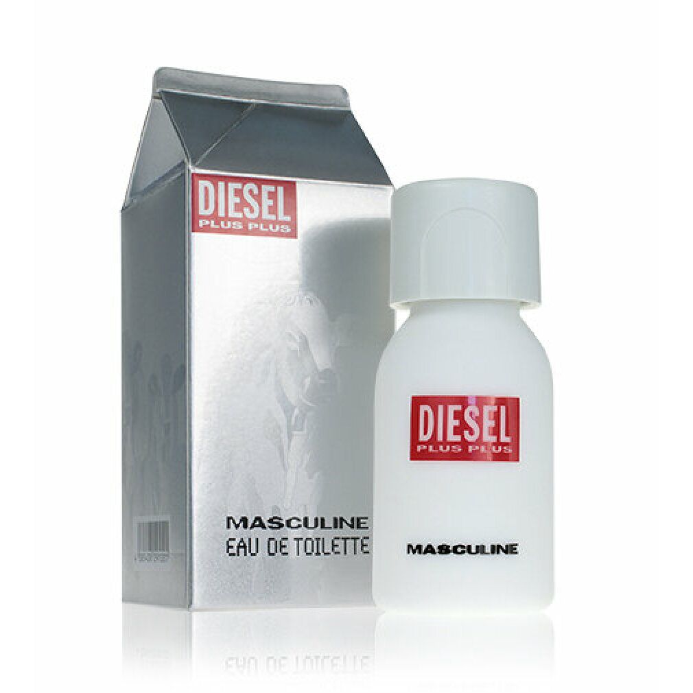 Diesel Plus Plus Masculine Eau de Toilette. Weiße Flasche mit rotem Logo. Silberne Verpackung mit Logo und Text.