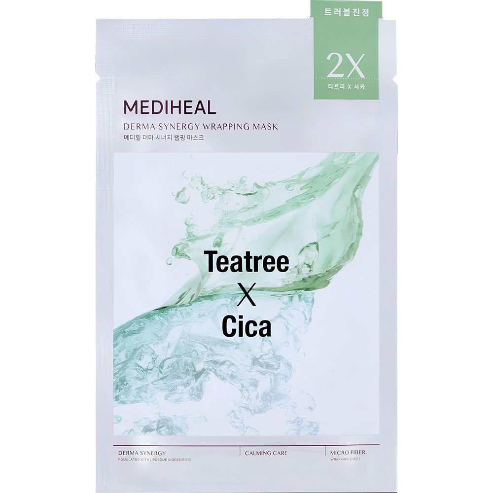 Verpackung mit Gesichtsmaske. Aufschrift: MEDIHEAL, Teatree X Cica. 2X. Grünes Design.