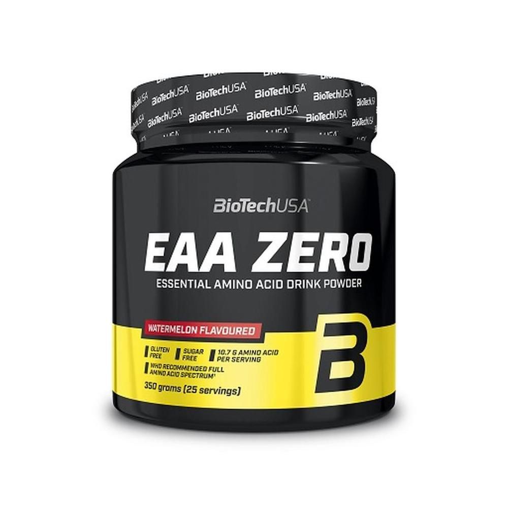 Schwarzes Dose mit gelbem Etikett. Aufschrift: EAA ZERO, Essential Amino Acid Drink Powder. Geschmack: Watermelon Flavoured. Glutenfrei.