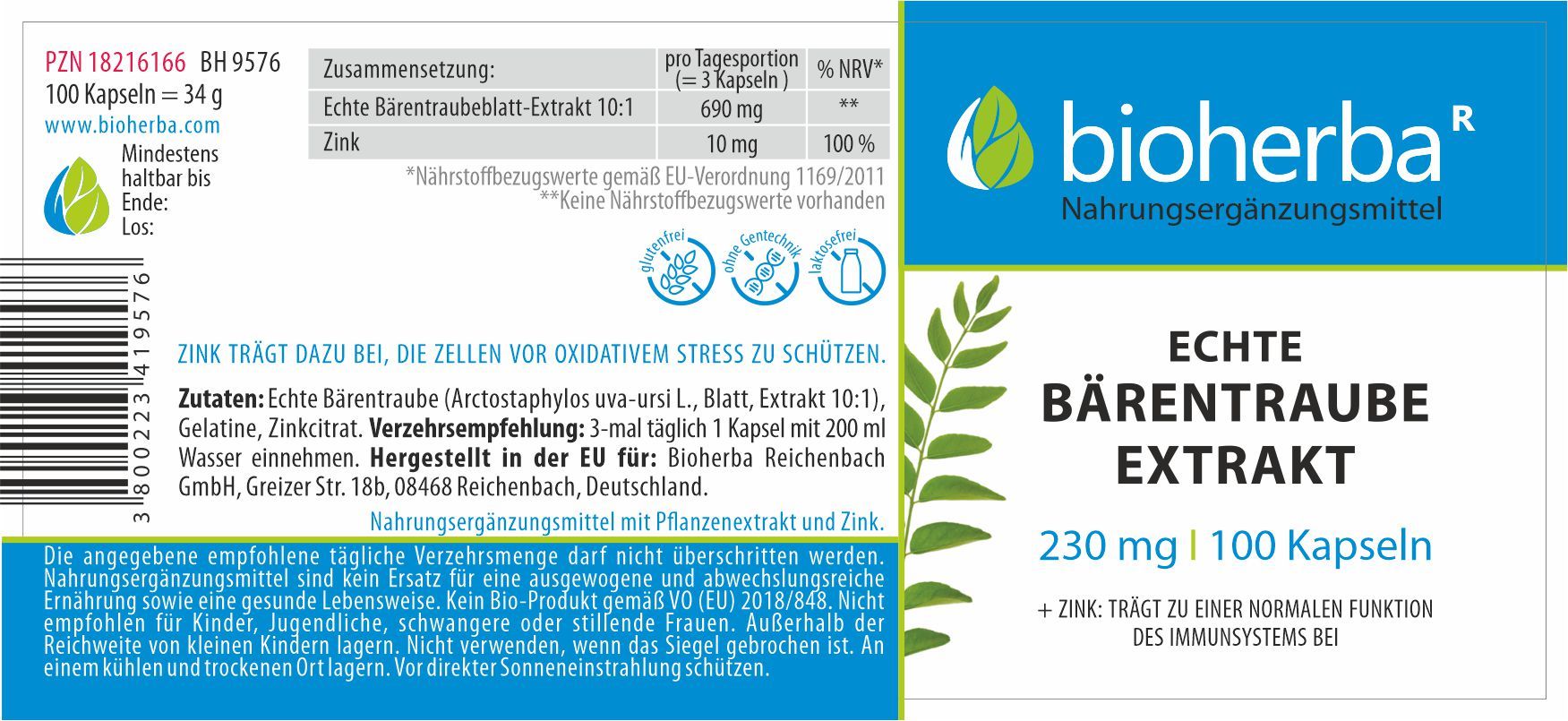 Etikett mit Produktinformationen. Echte Bärentraube Extrakt Kapseln, 230 mg, 100 Kapseln. Enthält Zink. Bioherba.