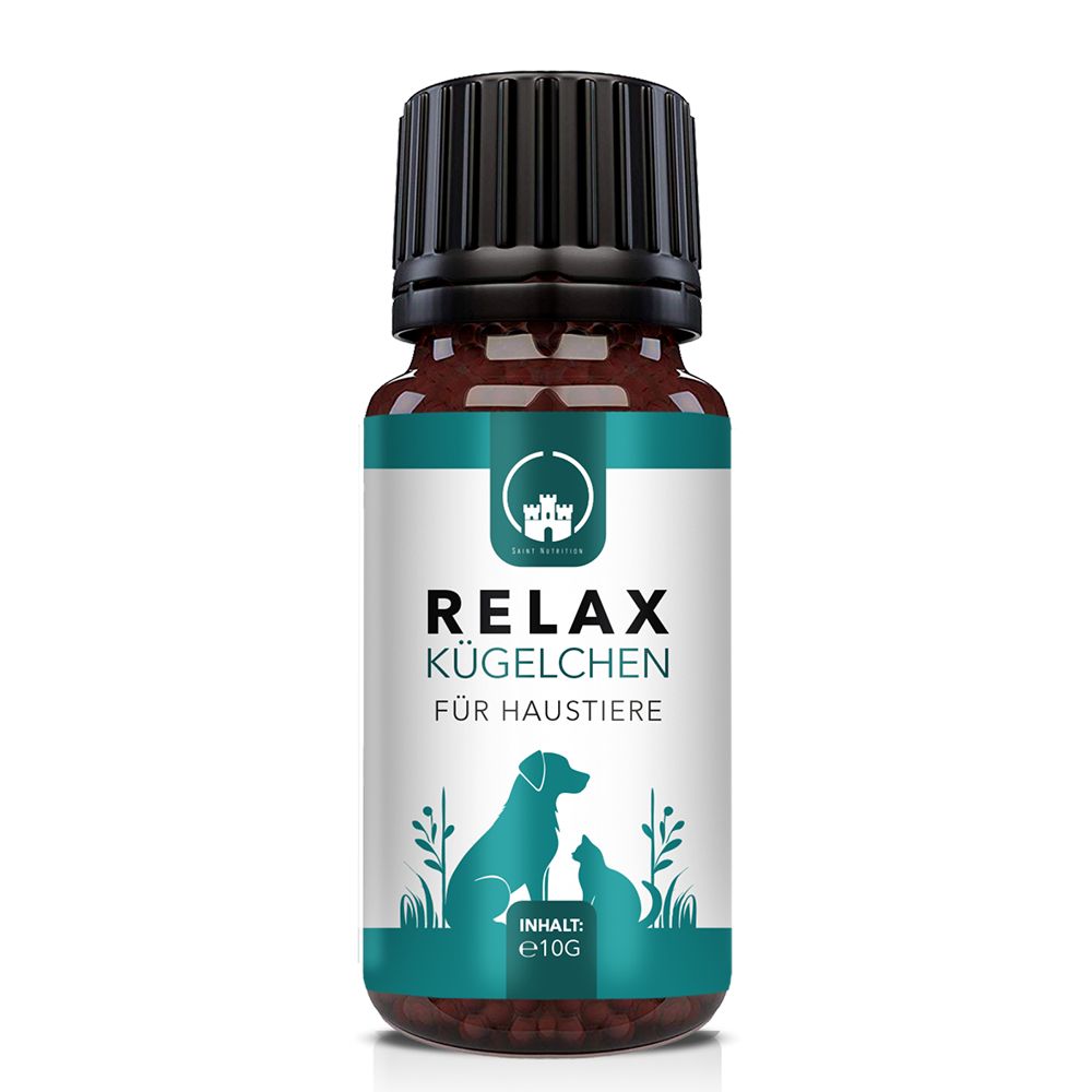 Braune Glasflasche mit schwarzem Deckel. Aufkleber mit Text: RELAX KÜGELCHEN FÜR HAUSTIERE. Logo: Hund und Katze. Inhalt: e10G.