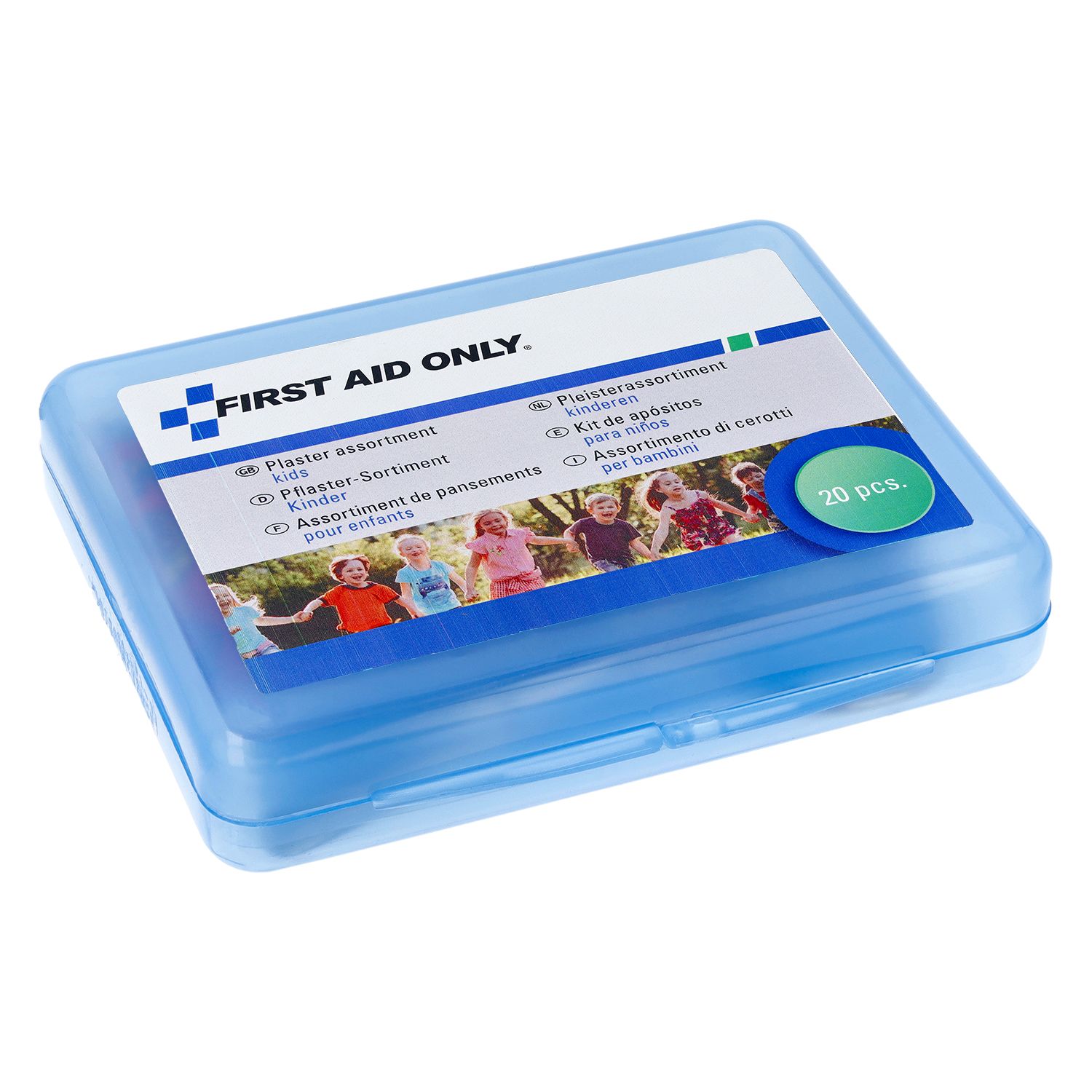 Blaues Pflaster-Sortiment für Kinder. Enthält 20 Pflaster. Marke: FIRST AID ONLY.
