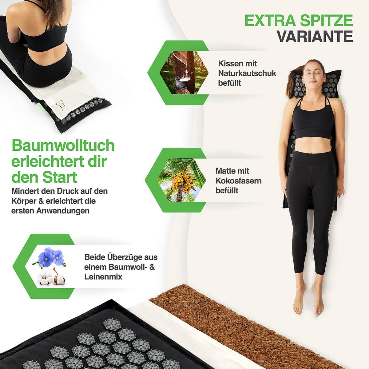 Akupressurmatte und Kissen. Kissen mit Naturkautschuk gefüllt. Matte mit Kokosfasern gefüllt. Baumwolltuch erleichtert den Start.