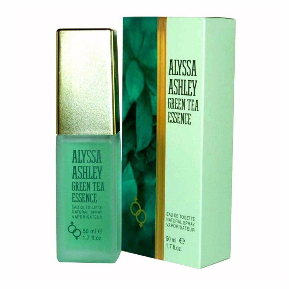 Alyssa Ashley Green Tea Essence EdT-Spray. Flakon und Schachtel. Grün und goldfarben. Aufschrift: Alyssa Ashley, Green Tea Essence, 50 ml.