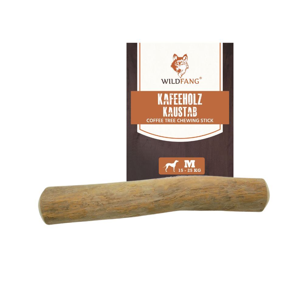 Kaffeeholz-Kaustab, braun, zylindrisch. Verpackung mit Produktname und Logo. Größe M.