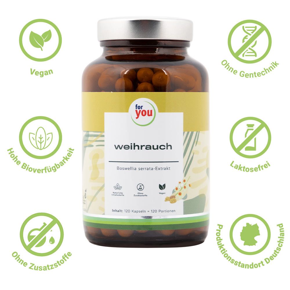 Flasche mit gelbem Etikett "for you Weihrauch". Runde Siegel: Vegan, hohe Bioverfügbarkeit, ohne Zusatzstoffe, laktosefrei, ohne Gentechnik.