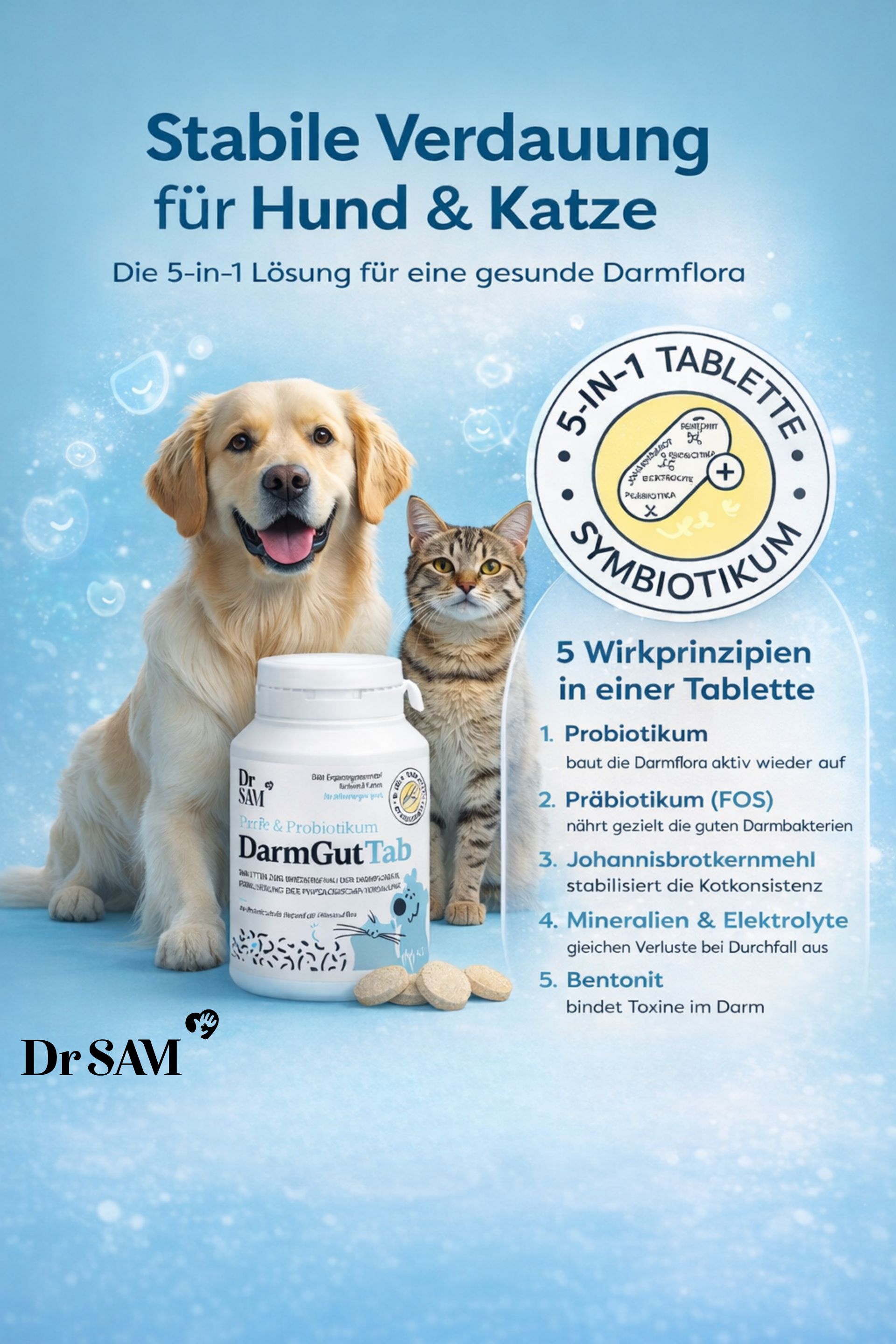 Hund, Katze und Dr. SAM DarmGut Tab. 5-in-1 Tablette. 5 Wirkprinzipien: Probiotikum, Präbiotikum, etc.