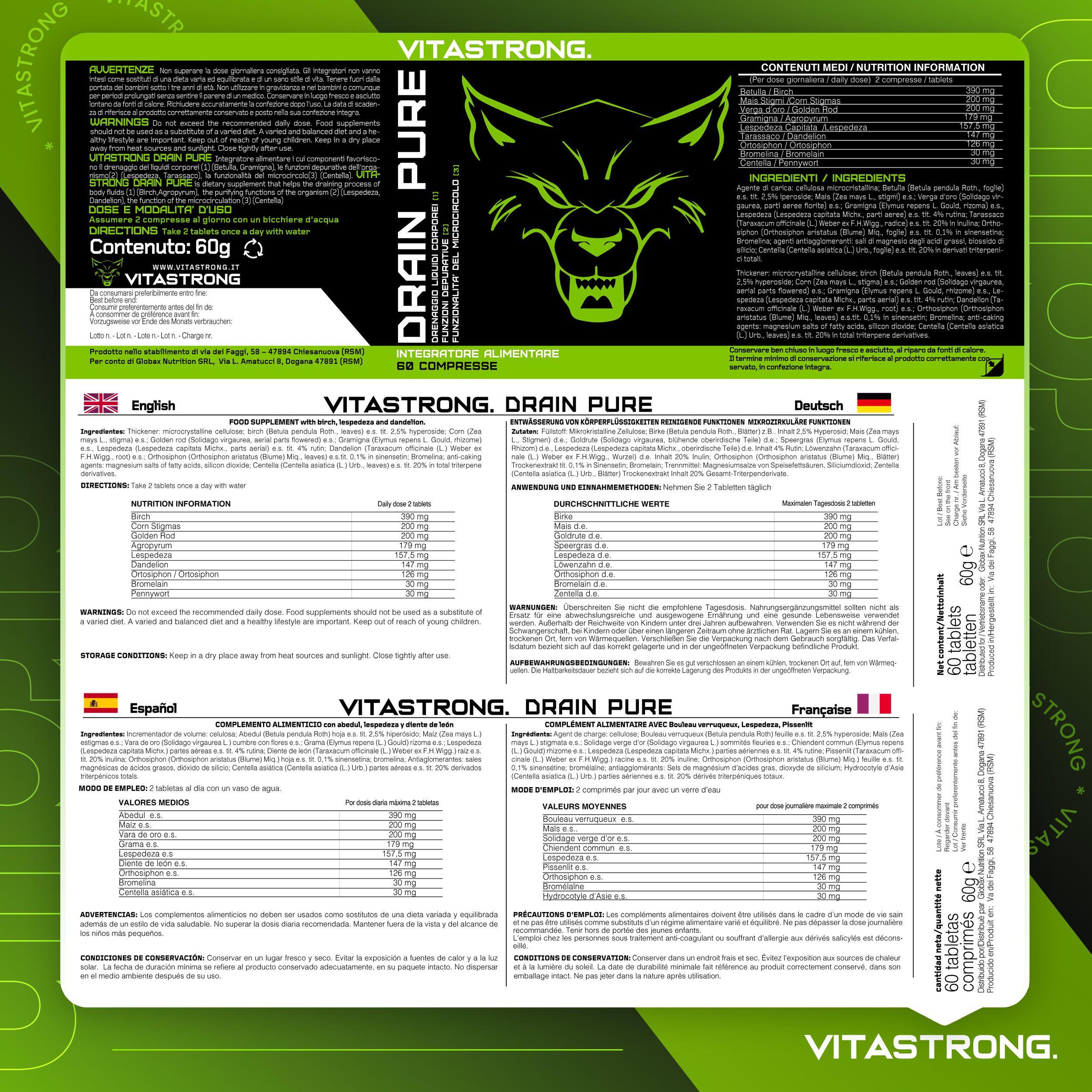 Etikett mit Produktinformationen. Mehrsprachig. Aufschrift: Drain Pure, 60 Tabletten. Logo: Wolfskopf. Inhaltsstoffe.