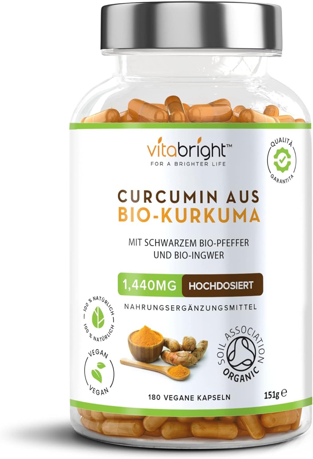Glasflasche mit Kapseln. Aufschrift: VitaBright, Curcumin aus Bio-Kurkuma, 1440mg hochdosiert, 180 vegane Kapseln. Siegel: Bio-Qualität.