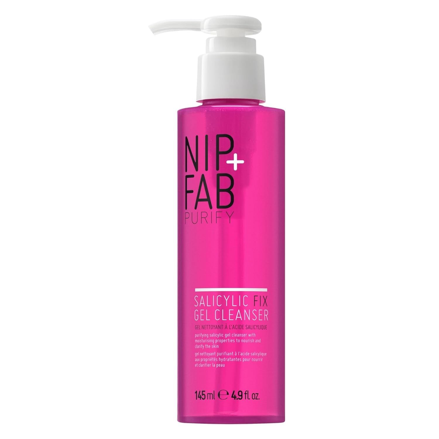 Rosa Flasche mit weißem Pumpkopf. Aufschrift: NIP+FAB, Salicylic Fix Gel Cleanser. Volumen: 145 ml / 4.9 fl.oz.