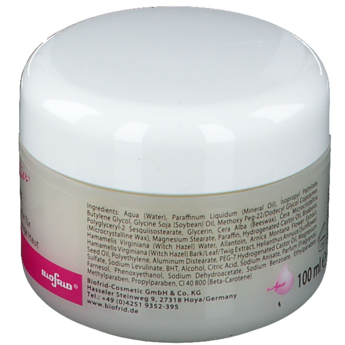 Creme-Tiegel mit weißem Deckel und transparentem Behälter. Aufschrift "Biofrid" und Inhaltsstoffe. 100 ml.