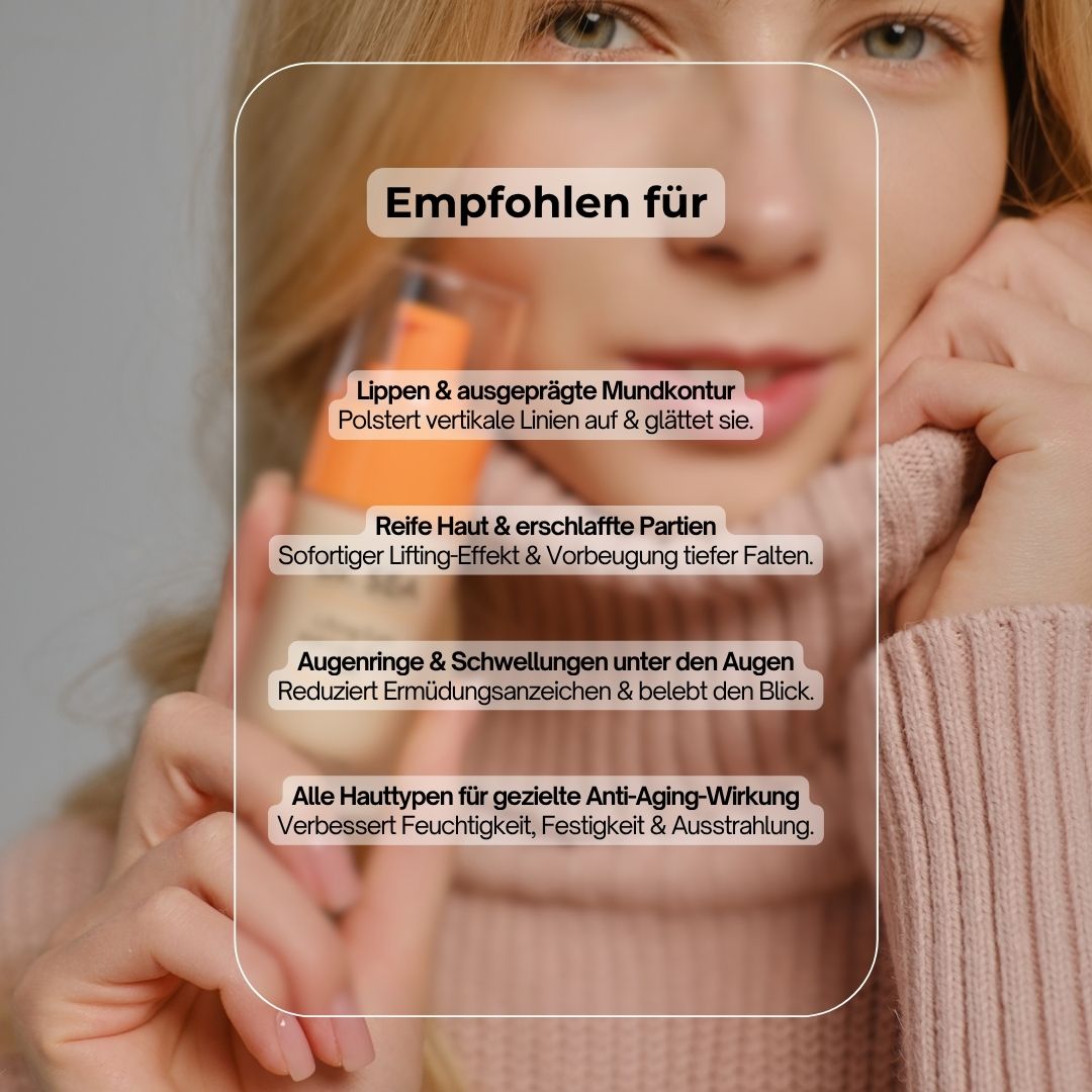 Frau hält Gel-Flasche. Text: Empfohlen für: Lippen & Mundkontur, reife Haut, Augenringe, alle Hauttypen. Dr. SEA Lifting Eyes Gel.