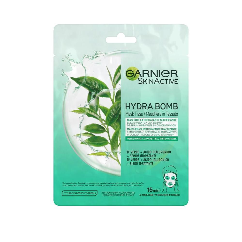 Garnier SkinActive Hydra Bomb Gesichtsmaske. Rechteckige Verpackung mit Produktabbildung und Text. Grün-weißes Design mit Logo und Produktnamen.
