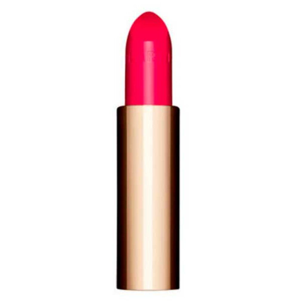 Lippenstift mit goldfarbener Hülse und pinkfarbener Spitze. Vertikale Ansicht. Der Lippenstift ist teilweise aus der Hülse herausgedreht.