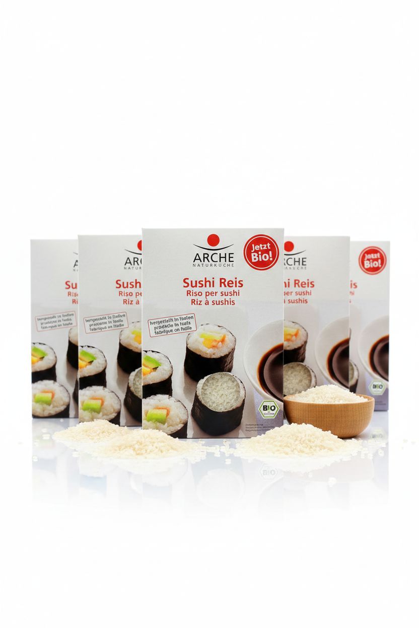 Verpackungen von Arche Sushi Reis mit Abbildungen von Sushi und Sojasauce. Lose Reiskörner liegen davor.
